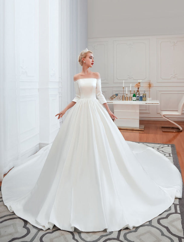 3/4 Sleeve Satin Aline Wedding Dress With Chapel Train