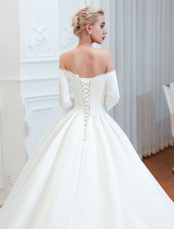 3/4 Sleeve Satin Aline Wedding Dress With Chapel Train