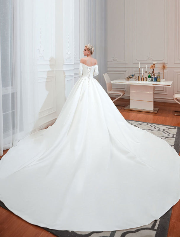 3/4 Sleeve Satin Aline Wedding Dress With Chapel Train