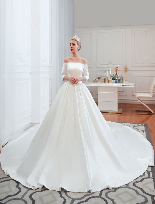 3/4 Sleeve Satin Aline Wedding Dress With Chapel Train