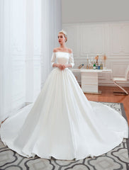 3/4 Sleeve Satin Aline Wedding Dress With Chapel Train