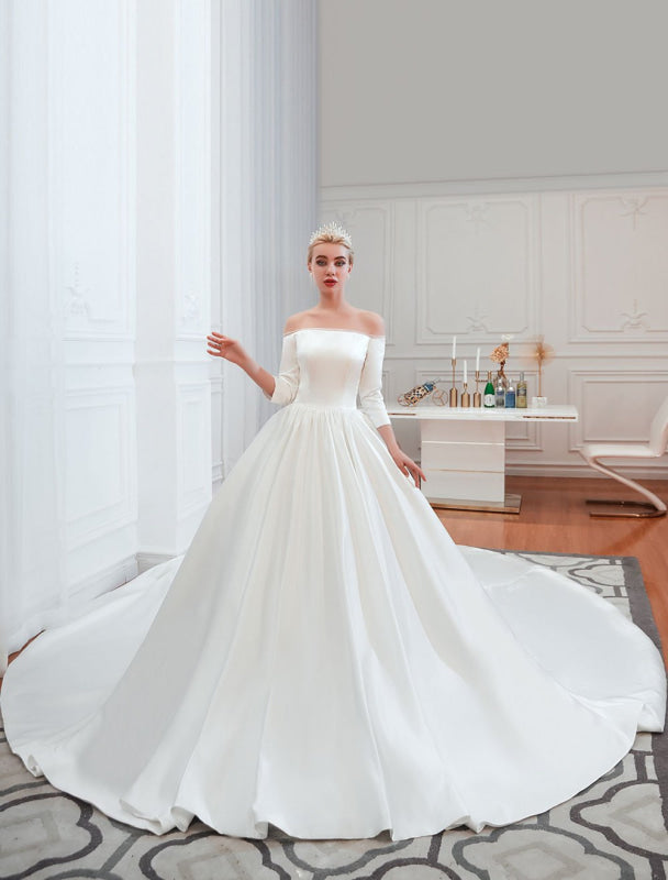 3/4 Sleeve Satin Aline Wedding Dress With Chapel Train