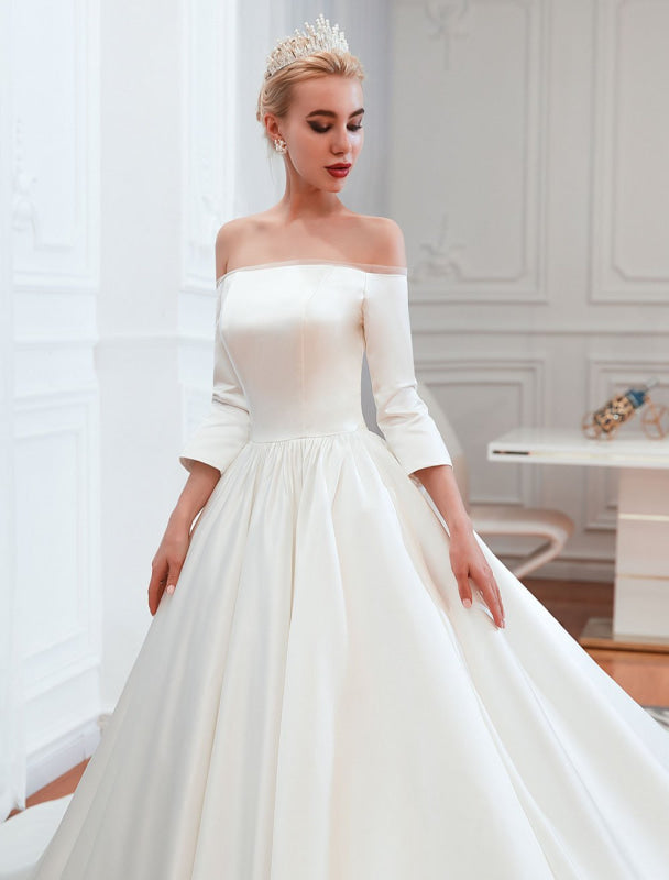3/4 Sleeve Satin Aline Wedding Dress With Chapel Train