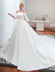 3/4 Sleeve Satin Aline Wedding Dress With Chapel Train