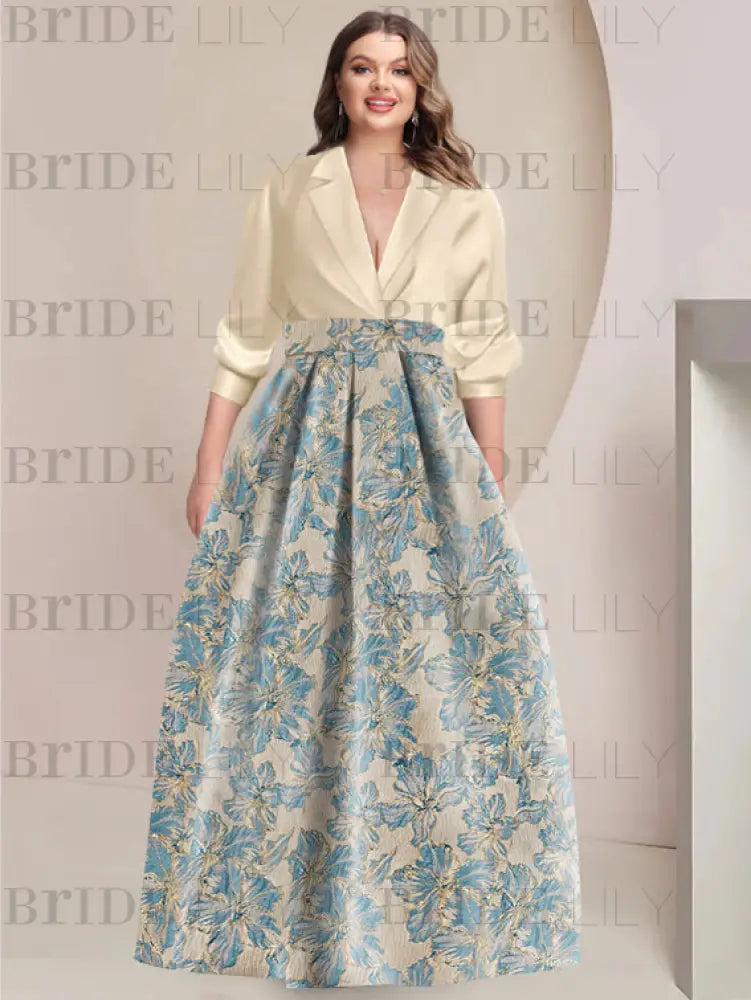 3/4 Sleeve Shirt Collar A-Line Mother of the Bride & Groom Dress with Printed Floral