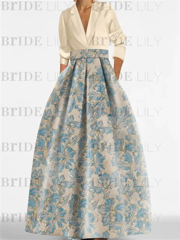 3/4 Sleeve Shirt Collar A-Line Mother of the Bride & Groom Dress with Printed Floral