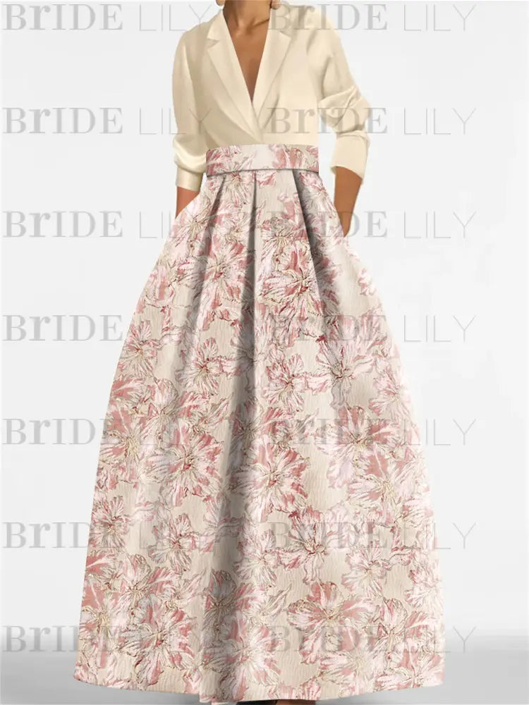 3/4 Sleeve Shirt Collar A-Line Mother of the Bride & Groom Dress with Printed Floral
