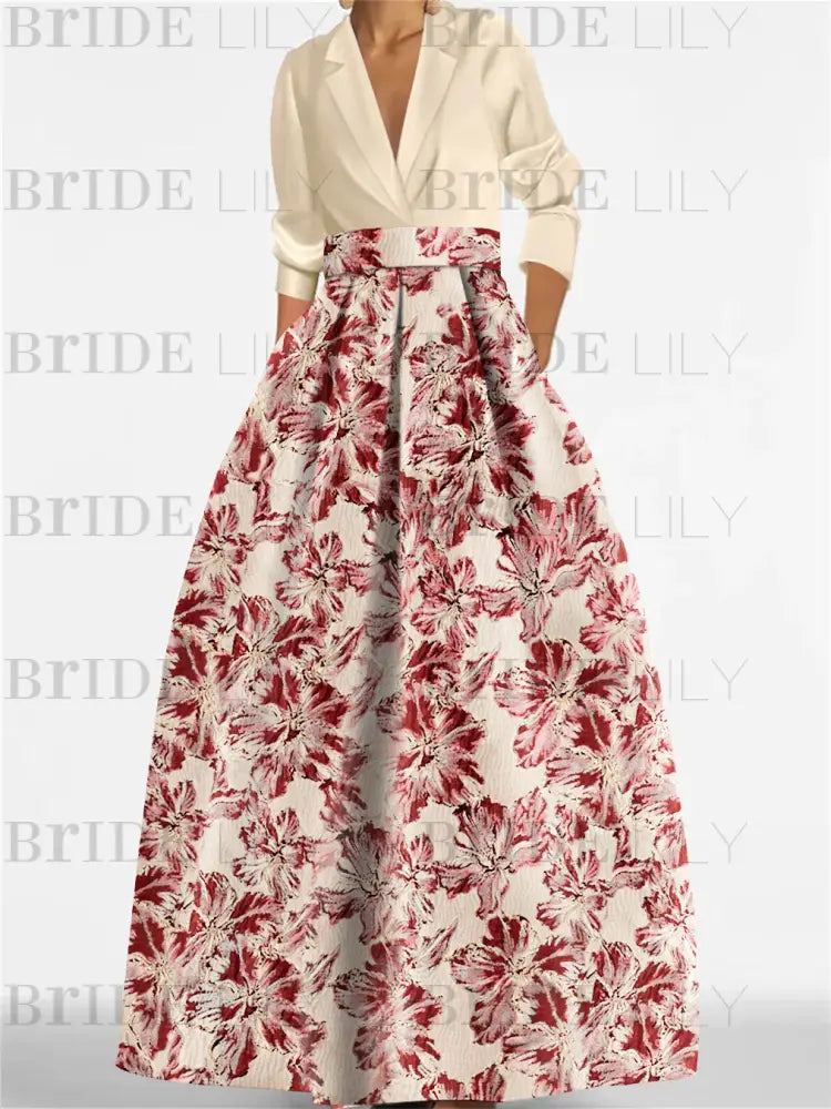 3/4 Sleeve Shirt Collar A-Line Mother of the Bride & Groom Dress with Printed Floral