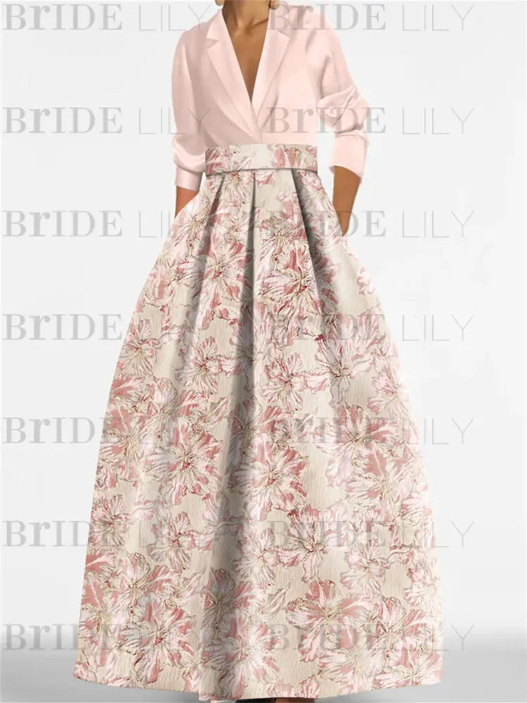 3/4 Sleeve Shirt Collar A-Line Mother of the Bride & Groom Dress with Printed Floral