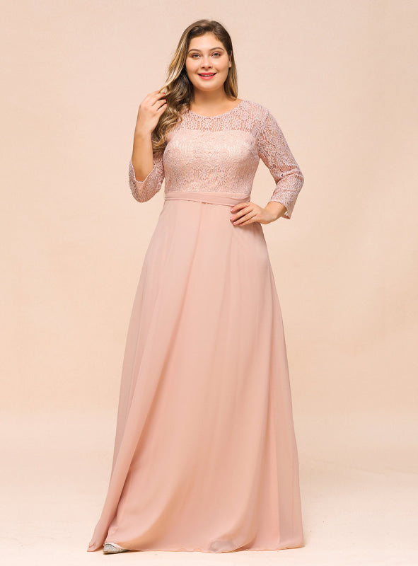 3/4 Sleeves Floral Lace Chiffon A-line Bridesmaid Dress Dusty Rose