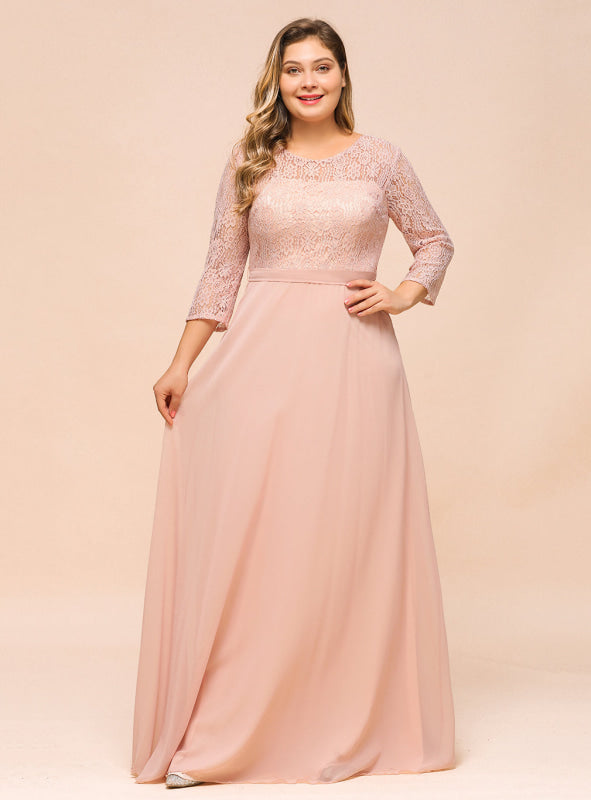 3/4 Sleeves Floral Lace Chiffon A-line Bridesmaid Dress Dusty Rose