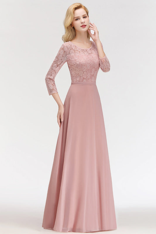 3/4 Sleeves Floral Lace Chiffon A-line Bridesmaid Dress Dusty Rose