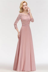 3/4 Sleeves Floral Lace Chiffon A-line Bridesmaid Dress Dusty Rose
