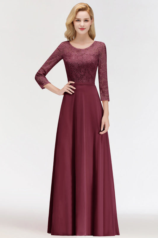 3/4 Sleeves Floral Lace Chiffon A-line Bridesmaid Dress Dusty Rose