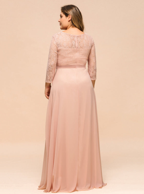 3/4 Sleeves Floral Lace Chiffon A-line Bridesmaid Dress Dusty Rose