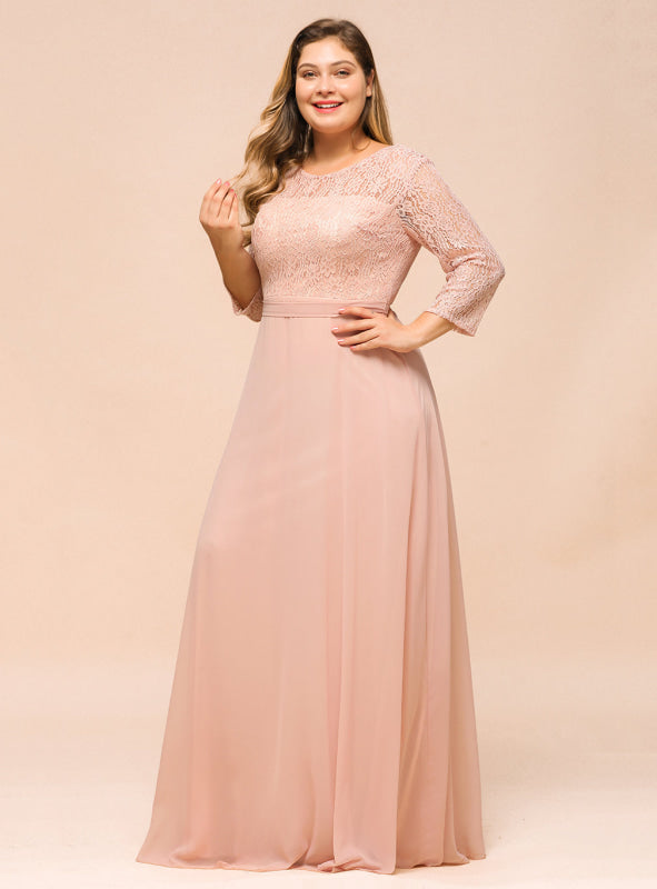3/4 Sleeves Floral Lace Chiffon A-line Bridesmaid Dress Dusty Rose