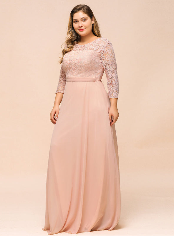 3/4 Sleeves Floral Lace Chiffon A-line Bridesmaid Dress Dusty Rose