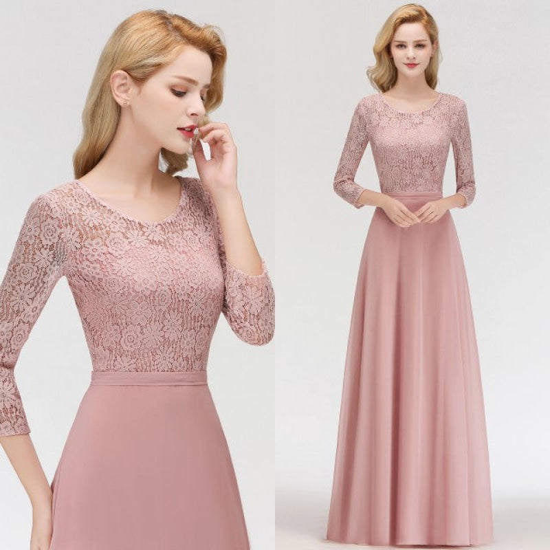3/4 Sleeves Floral Lace Chiffon A-line Bridesmaid Dress Dusty Rose