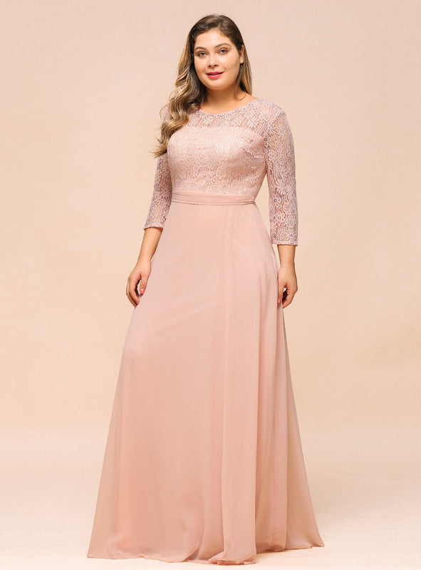 3/4 Sleeves Floral Lace Chiffon A-line Bridesmaid Dress Dusty Rose