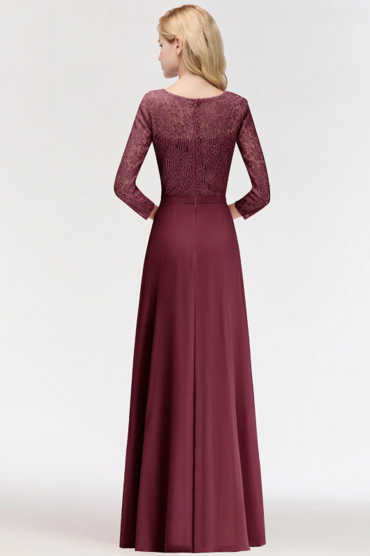 3/4 Sleeves Floral Lace Chiffon A-line Bridesmaid Dress Dusty Rose