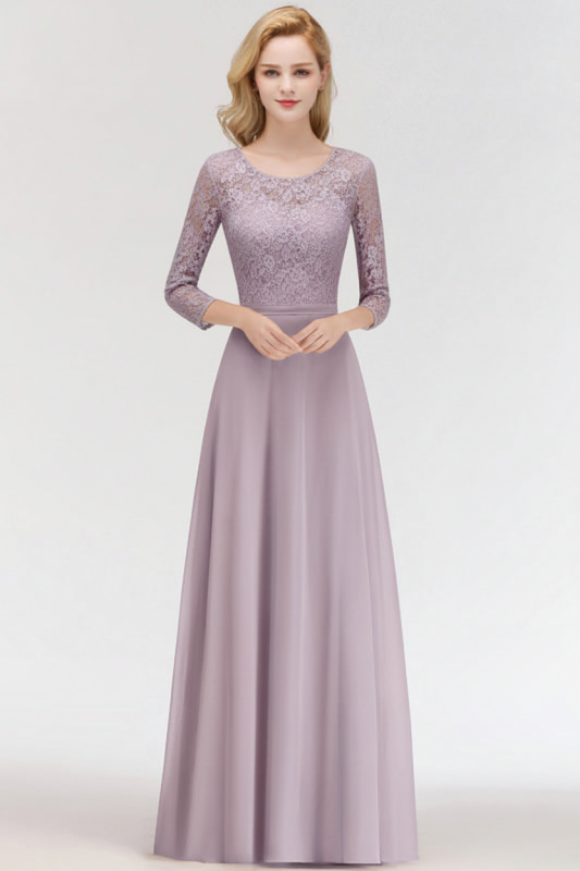 3/4 Sleeves Floral Lace Chiffon A-line Bridesmaid Dress Dusty Rose