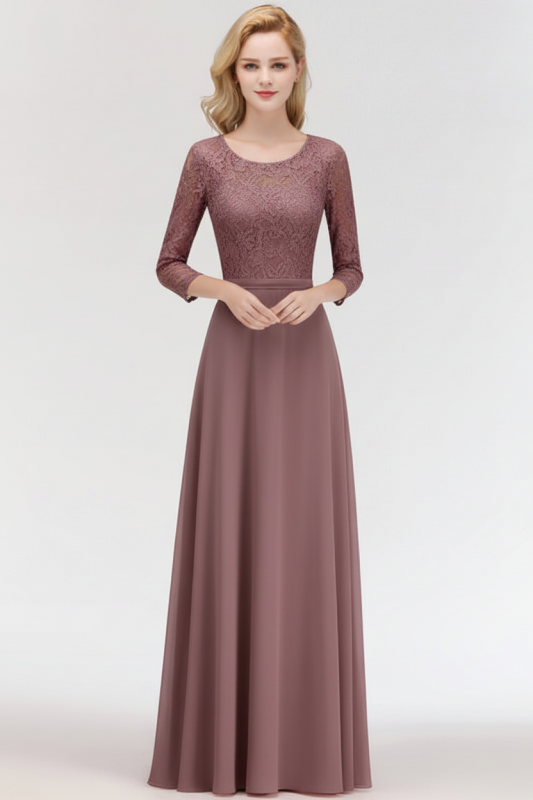 3/4 Sleeves Floral Lace Chiffon A-line Bridesmaid Dress Dusty Rose