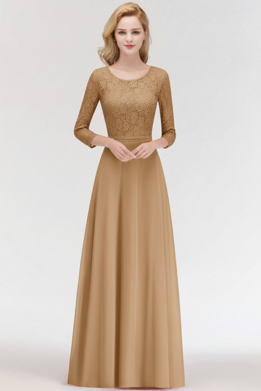 3/4 Sleeves Floral Lace Chiffon A-line Bridesmaid Dress Dusty Rose