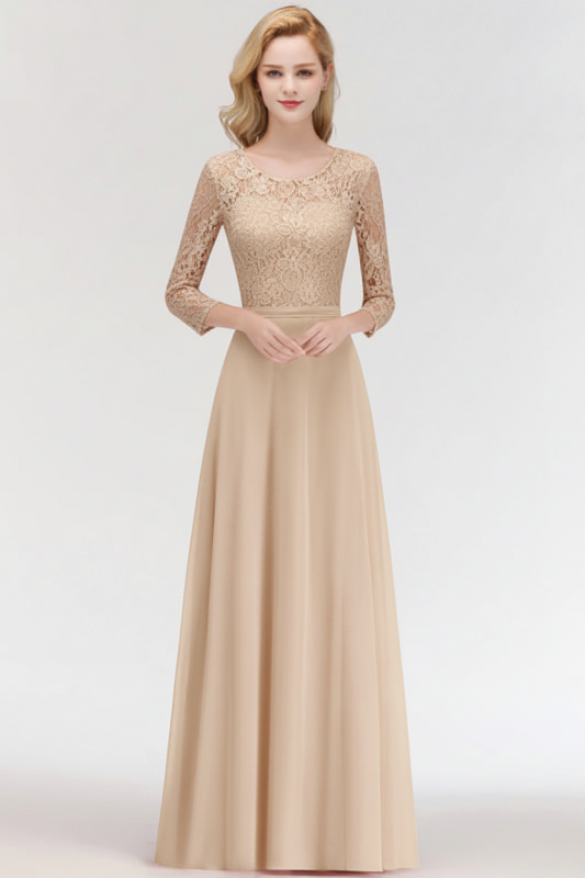 3/4 Sleeves Floral Lace Chiffon A-line Bridesmaid Dress Dusty Rose