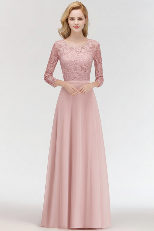 3/4 Sleeves Floral Lace Chiffon A-line Bridesmaid Dress Dusty Rose