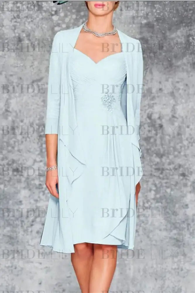3/4 Sleeves Knee Length Ruffle Chiffon Mother of the Bride Outfits with Lace