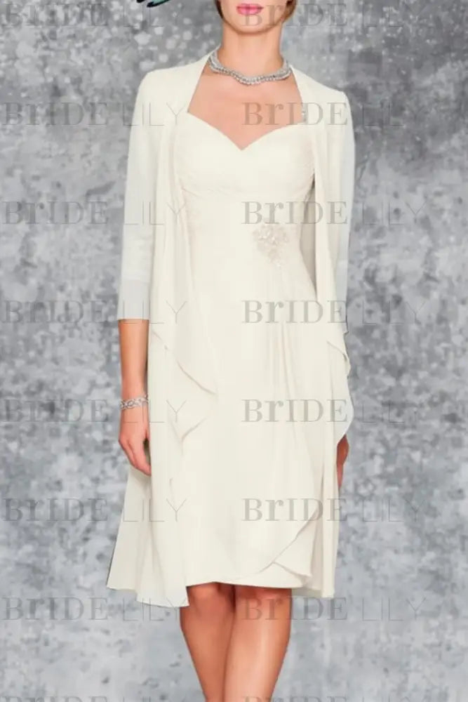 3/4 Sleeves Knee Length Ruffle Chiffon Mother of the Bride Outfits with Lace