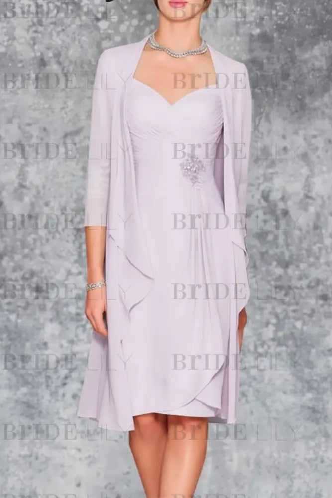 3/4 Sleeves Knee Length Ruffle Chiffon Mother of the Bride Outfits with Lace
