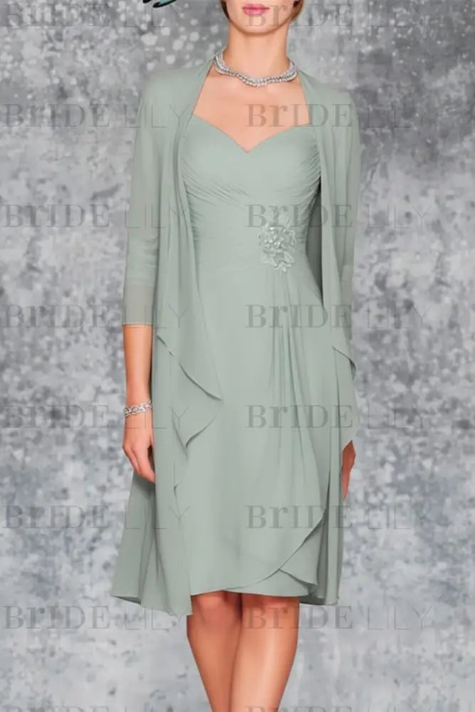 3/4 Sleeves Knee Length Ruffle Chiffon Mother of the Bride Outfits with Lace