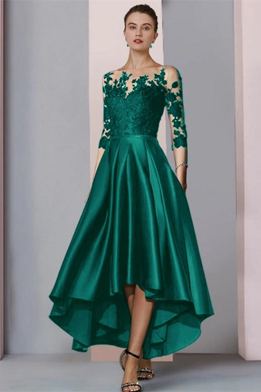 3/4 Sleeves Satin Hi-Lo Mother of-Bride Dress with Appliques