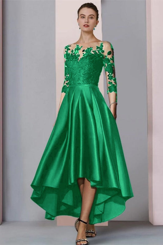 3/4 Sleeves Satin Hi-Lo Mother of-Bride Dress with Appliques
