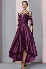 3/4 Sleeves Satin Hi-Lo Mother of-Bride Dress with Appliques