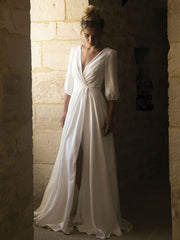 3/4 Sleeves White Wedding Dresses A Line Pleated V Neck Bridal Dresses