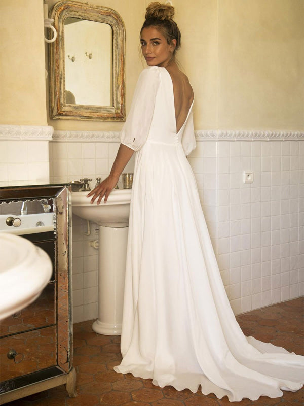 3/4 Sleeves White Wedding Dresses A Line Pleated V Neck Bridal Dresses