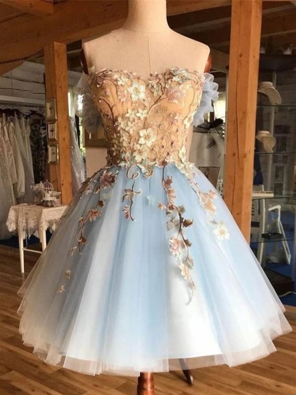 3D Gold Floral Lace Blue Short Prom Dress Sleeveless Tulle Aline Homecoming Dress
