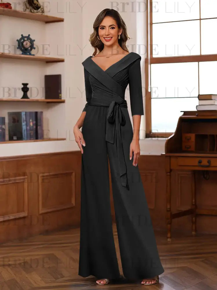 3/4 Sleeves V-Neck Chiffon Mother of the Bride Jumpsuit Pleated Women Wear Outfit
