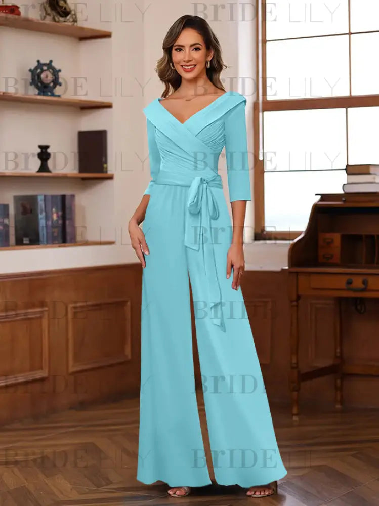 3/4 Sleeves V-Neck Chiffon Mother of the Bride Jumpsuit Pleated Women Wear Outfit