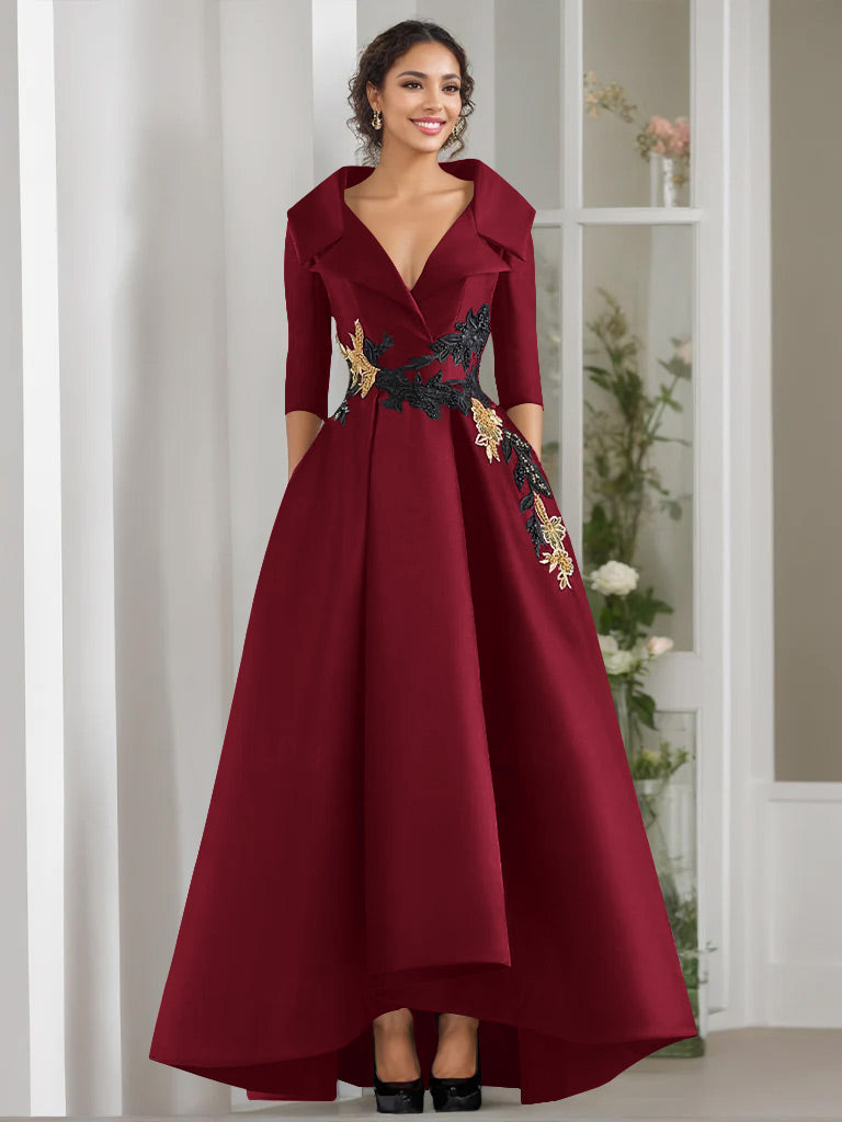 3/4 Sleeves Beading V-Neck A-Line Princess Mother of the Bride Dress with Appliques