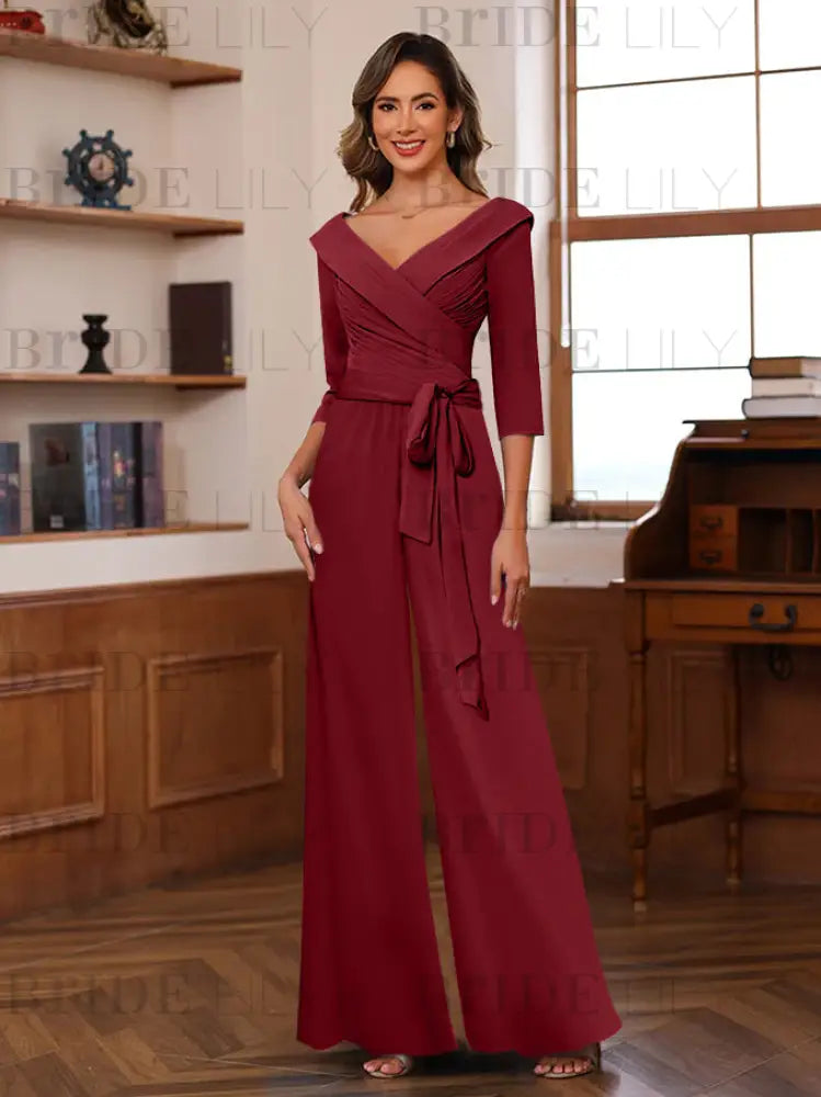 3/4 Sleeves V-Neck Chiffon Mother of the Bride Jumpsuit Pleated Women Wear Outfit