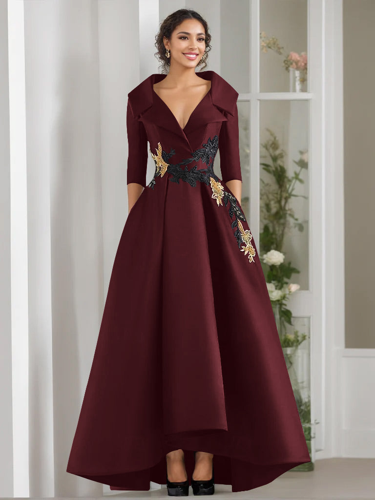 3/4 Sleeves Beading V-Neck A-Line Princess Mother of the Bride Dress with Appliques