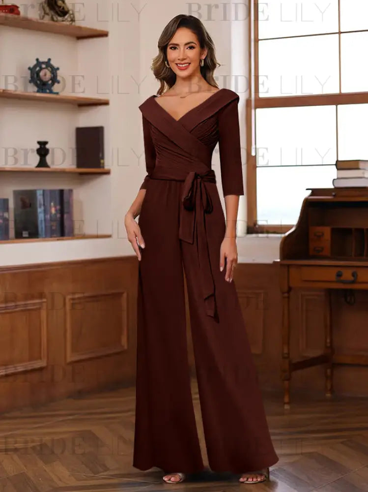 3/4 Sleeves V-Neck Chiffon Mother of the Bride Jumpsuit Pleated Women Wear Outfit