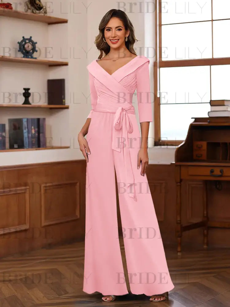 3/4 Sleeves V-Neck Chiffon Mother of the Bride Jumpsuit Pleated Women Wear Outfit