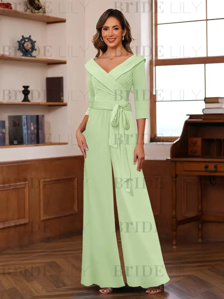 3/4 Sleeves V-Neck Chiffon Mother of the Bride Jumpsuit Pleated Women Wear Outfit
