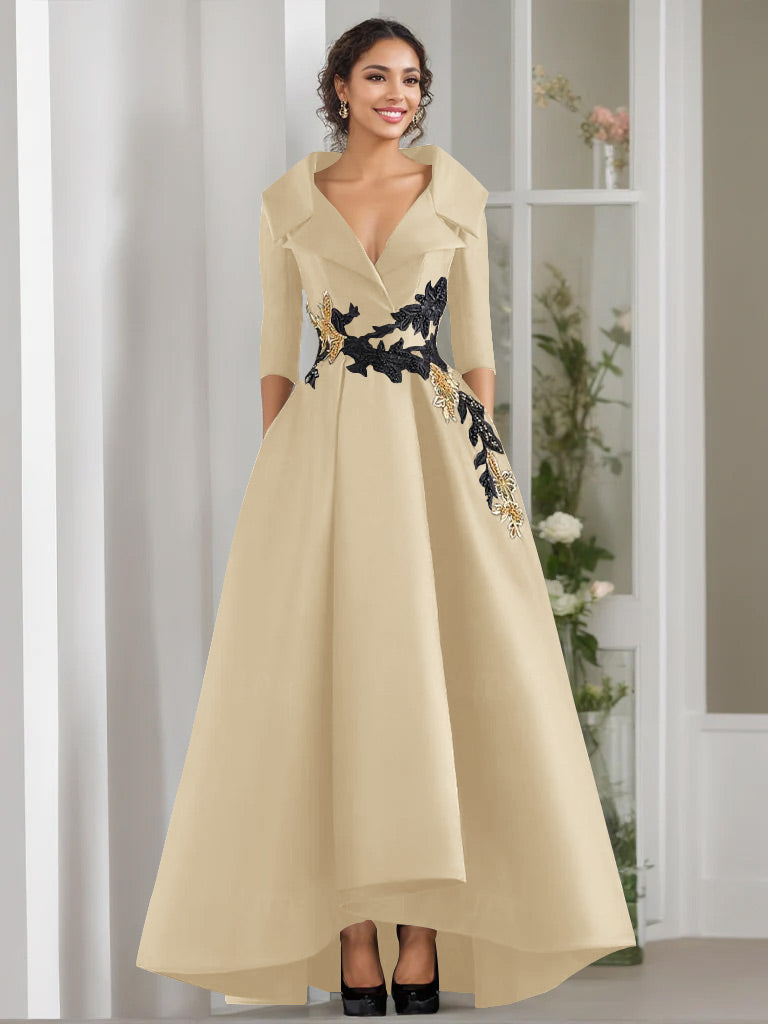3/4 Sleeves Beading V-Neck A-Line Princess Mother of the Bride Dress with Appliques