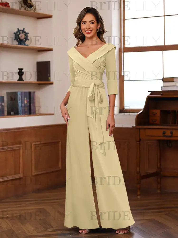 3/4 Sleeves V-Neck Chiffon Mother of the Bride Jumpsuit Pleated Women Wear Outfit