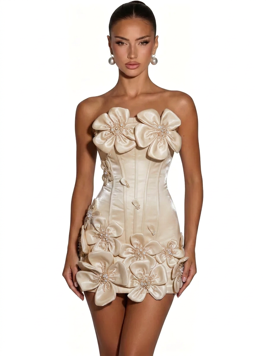 3D Floral Corset Strapless Mini Homecoming Dress with Crystal